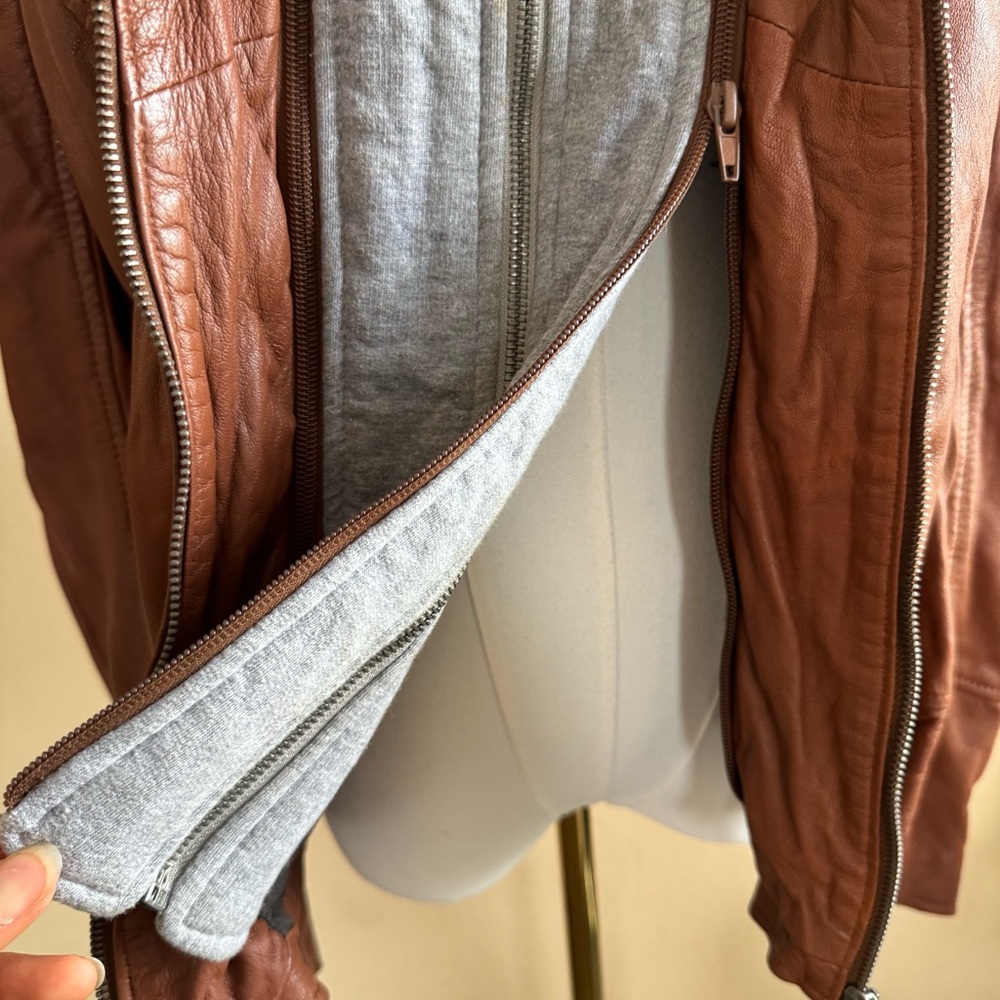 Mauritius Cognac Lamb Leather Moto Jacket Women’s XL Removable Gray Hood - Picture 8 of 16